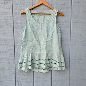 Valentina Naldi 100% Linen Peplum Eyelet Top sz S Mint Green Chic Coastal Beach